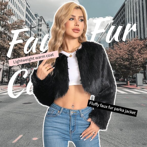 Women Black Cropped Fur Coat for Faux Furry Long Sleeve Cropped Fluffy Jacket - Picture 2 of 6